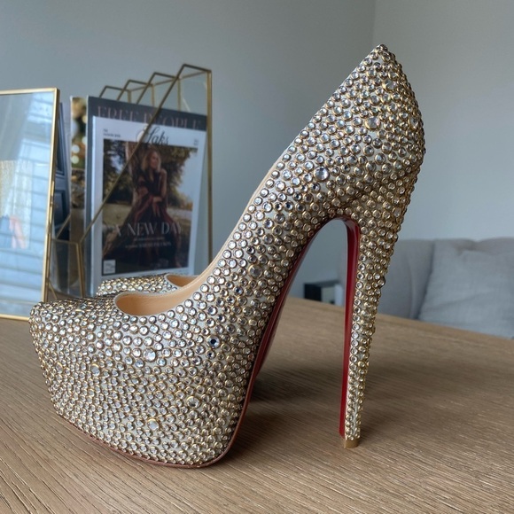 CHRISTIAN LOUBOUTIN Gold Crystal Daffodile straps 160 heels - Picture 9 of 16